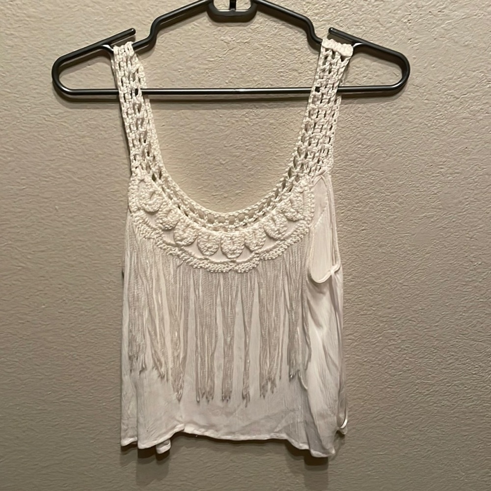 White crochet and fringe tank top